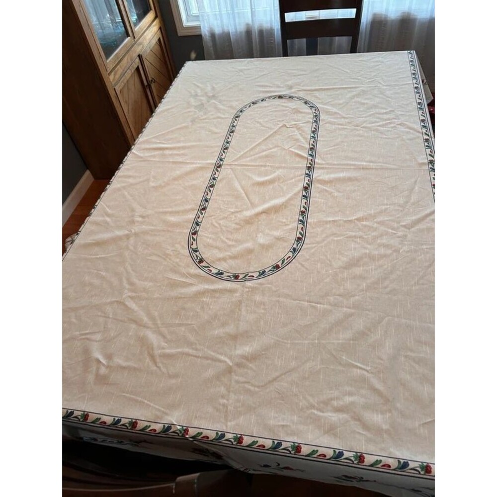 Cream Tablecloth with Red Floral & Navy Blue Ribbon Border